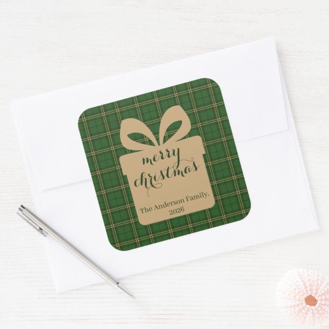 Pegatina Cuadrada Green Plaid Christmas Festive Pattern -  (Sobre)