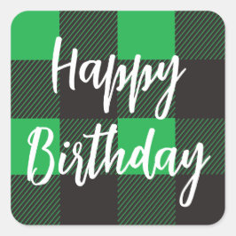 Pegatina Cuadrada Green Plaid Happy Birday