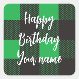 Pegatina Cuadrada Green Plaid Happy Birday