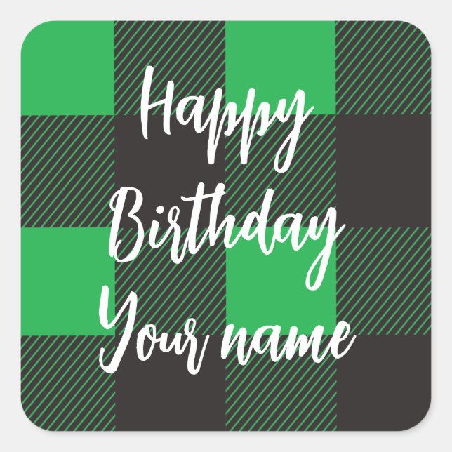 Pegatina Cuadrada Green Plaid Happy Birday (Anverso)