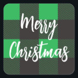 Pegatina Cuadrada Green plaid Merry Christmas<br><div class="desc">Un diseño de diseño de un patrón de yeso verde fresco con las palabras Feliz Navidad.</div>