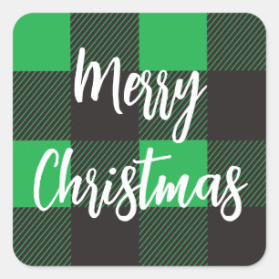 Pegatina Cuadrada Green plaid Merry Christmas