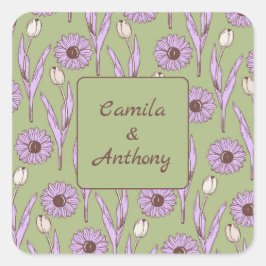 Pegatina Cuadrada Green Purple Retro Y2K Funky Hippie Flower Pattern
