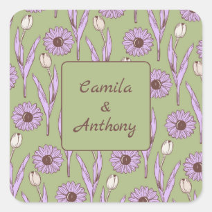 Pegatina Cuadrada Green Purple Retro Y2K Funky Hippie Flower Pattern