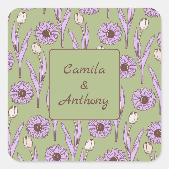 Pegatina Cuadrada Green Purple Retro Y2K Funky Hippie Flower Pattern (Anverso)