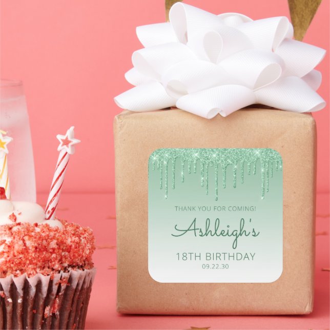 Pegatina Cuadrada Green Purpurina Drip 18th Birthday Gracias (Fiesta)
