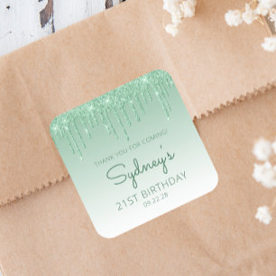 Pegatina Cuadrada Green Purpurina Drip 21st Birthday Gracias