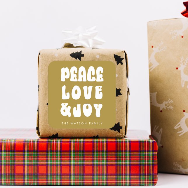 Pegatina Cuadrada Green Retro Groovy Peace Love Joy Holiday (Green Retro Groovy Peace Love Joy Holiday Square Sticker)