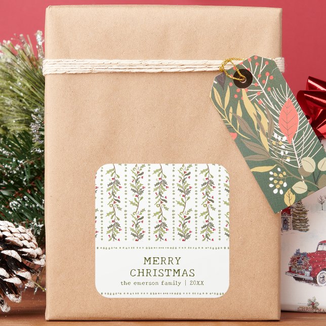 Pegatina Cuadrada Green Rustic Botanical Christmas Stickers (Holiday White and Green Rustic Botanical Christmas Stickers by Painted Paperie
)