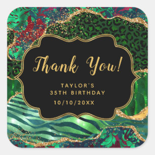 Pegatina Cuadrada Green Safari Agate Birthday Gracias