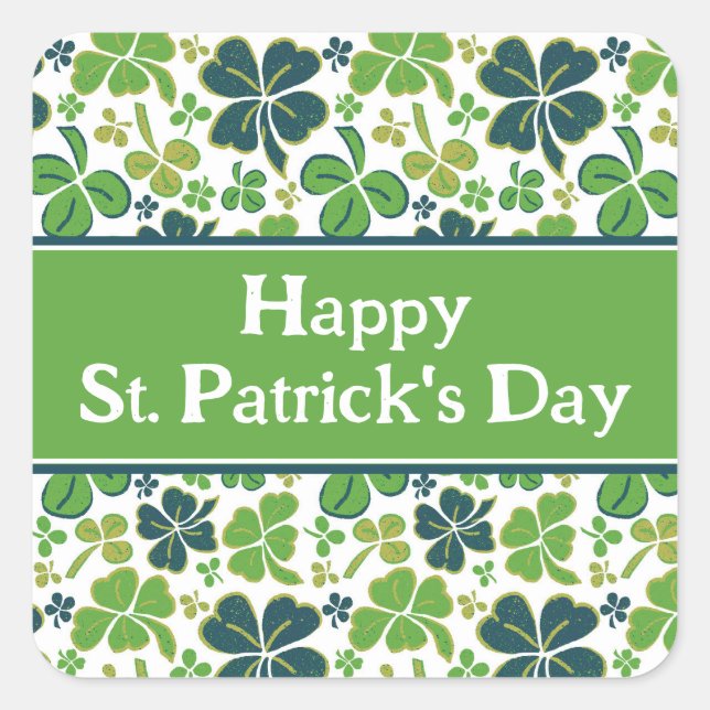 Pegatina Cuadrada Green Shamrock Clover Happy St. Patrick's Day (Anverso)