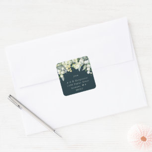 Pegatina Cuadrada Green Snowberry+Eucalyptus Holiday Address Classic