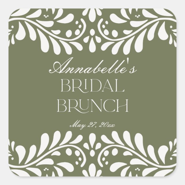 Pegatina Cuadrada Green Talavera Tile Español Fiesta Bridal Brunch (Anverso)