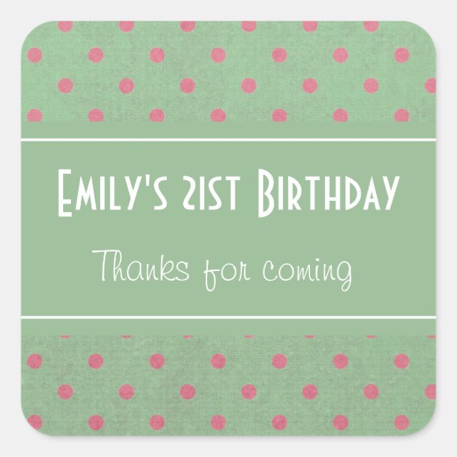 Pegatina Cuadrada Green with Pink Polka Dots Birthday Gracias (Anverso)