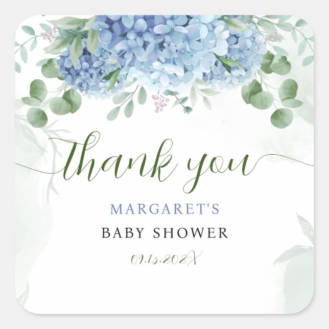 Pegatina Cuadrada Greeneration Blue hidrangea Gracias Baby Shower (Anverso)