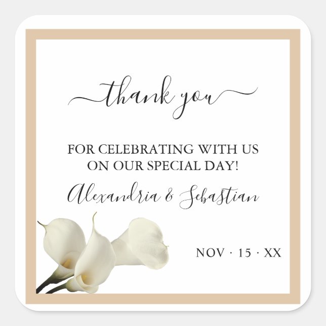 Pegatina Cuadrada Greenery Calla Lily Boda Gracias (Anverso)