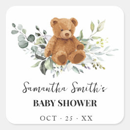 Pegatina Cuadrada Greenery Eucalyptus Bear Baby Shower