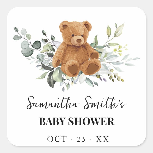 Pegatina Cuadrada Greenery Eucalyptus Bear Baby Shower (Anverso)