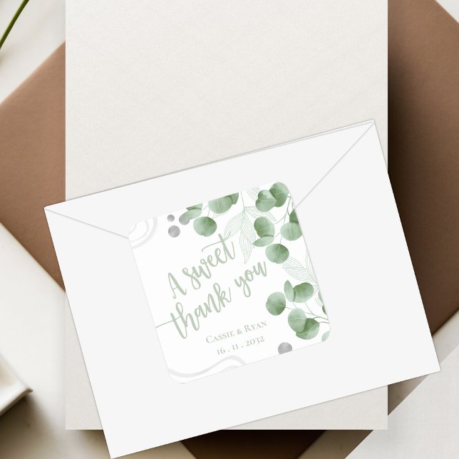 Pegatina Cuadrada Greenery Eucalyptus Deja Boda Gracias (Greenery Eucalyptus Leaves Wedding Thank You Square Sticker)