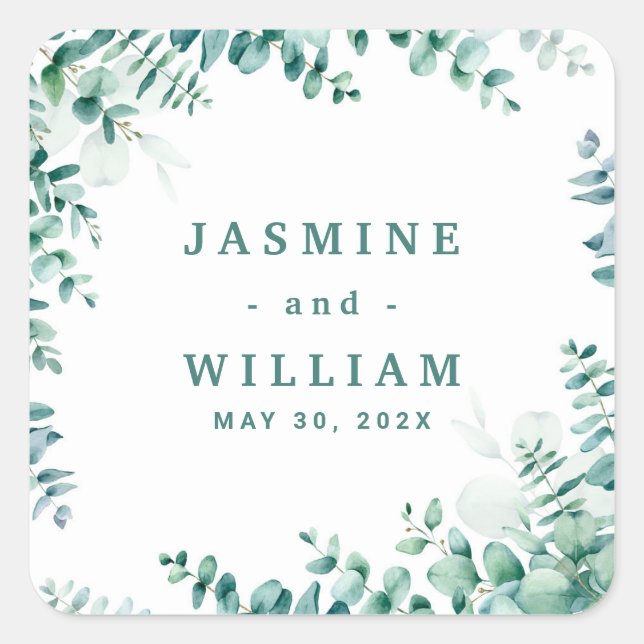 Pegatina Cuadrada Greenery Eucalyptus Square Frameborder Boda (Anverso)