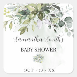 Pegatina Cuadrada Greenery Eucalyptus Succulent Baby Shower