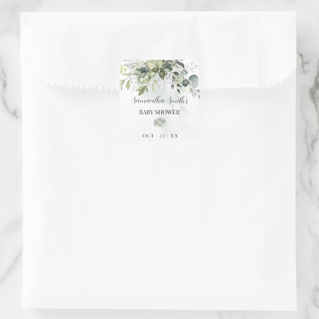 Pegatina Cuadrada Greenery Eucalyptus Succulent Baby Shower (Bolso)