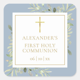 Pegatina Cuadrada Greenery Floral Dusty Blue First Holy Communion