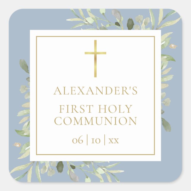 Pegatina Cuadrada Greenery Floral Dusty Blue First Holy Communion (Anverso)