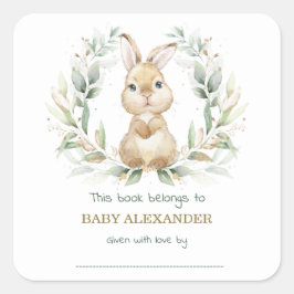 Pegatina Cuadrada Greenery Gold Bunny Rabbit Baby Shower Bookplate