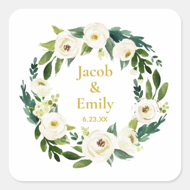 Pegatina Cuadrada Greenery Gold Personalized Names Date Wedding (Anverso)