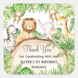 Pegatina Cuadrada Greenery Jungle Animals 1er cumpleaños Baby Shower