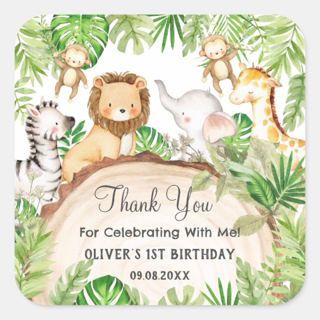 Pegatina Cuadrada Greenery Jungle Animals 1er cumpleaños Baby Shower (Anverso)