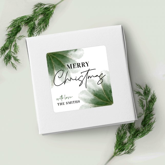 Pegatina Cuadrada Greenery Merry Christmas Label Watercolor (Subido por el creador)
