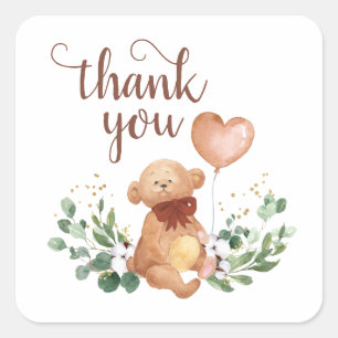 Pegatina Cuadrada Greenery Teddy Bear Gracias Por Favor