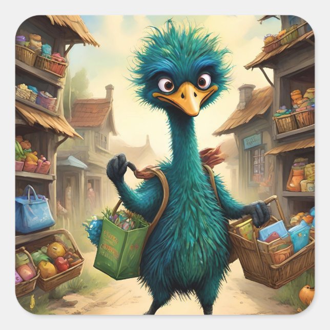 Pegatina Cuadrada Greenu emu shopping. (Anverso)