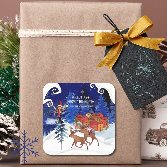 Pegatina Cuadrada Greeting from the North Moose Village (Greeting from the North Moose Village Square Sticker)