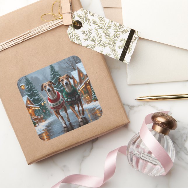 Pegatina Cuadrada Greyhound Dogs Christmas Snow Holiday (Regalar)