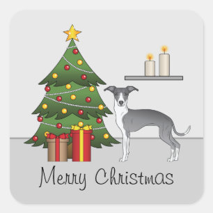 Pegatina Cuadrada Greyhound Italiano Azul Y Blanco Y Árbol Navidad