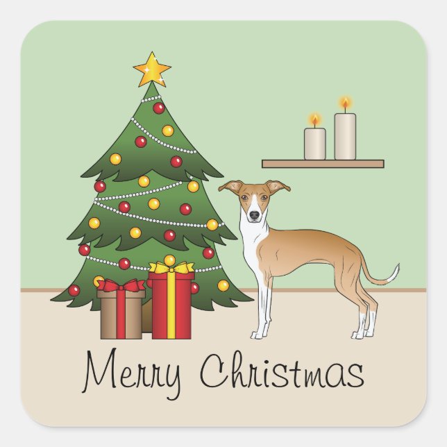 Pegatina Cuadrada Greyhound Italiano Blanco Y Árbol De Navidad (Anverso)