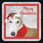 Pegatina Cuadrada Greyhound Merry Christmas<br><div class="desc">Navidades de Greyhound -un hombre de la cabeza rojo y un galgo blanco vestido con un sombrero de Santa y un collar rojo ambientado en un fondo de nieve gris plateado. Enmarcado con un marco cuadrado rojo. Feliz Navidad con el tipo de letra rojo se puede personalizar con tu mensaje....</div>