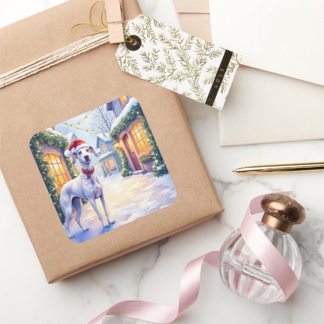 Pegatina Cuadrada Greyhound Snowy Village Santa Hat Christmas Art (Regalar)