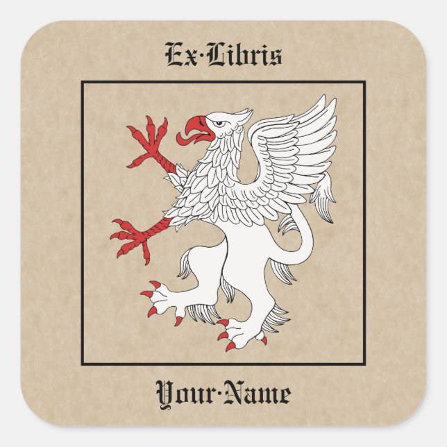 Pegatina Cuadrada Griffin Rampant Argent Bookplate (Anverso)