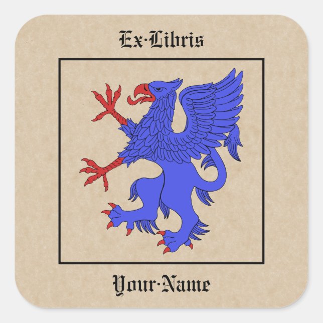 Pegatina Cuadrada Griffin Rampant Azure Bookplate (Anverso)