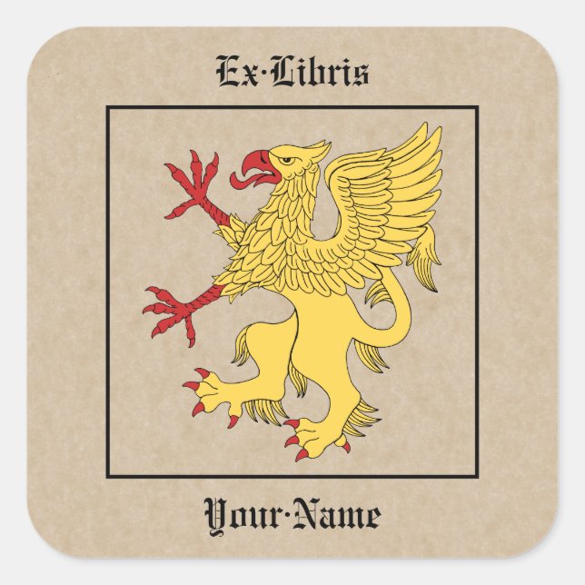 Pegatina Cuadrada Griffin Rampant O Bookplate (Anverso)