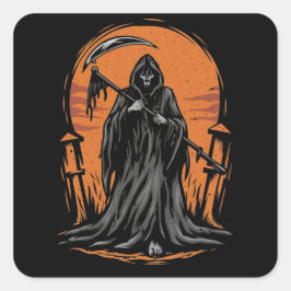 Pegatina Cuadrada Grim Reaper Cartoon in Sunset Graveyard