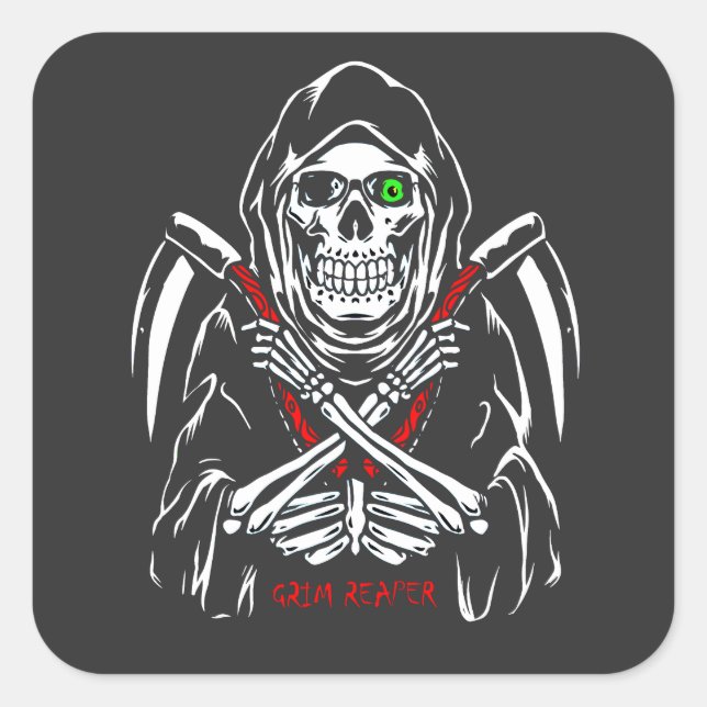 Pegatina Cuadrada Grim Reaper Scythe Death Skeleton Bones Halloween (Anverso)