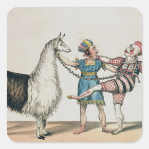 Pegatina Cuadrada Grimaldi y la Alpaca, en el Pantomime Popular