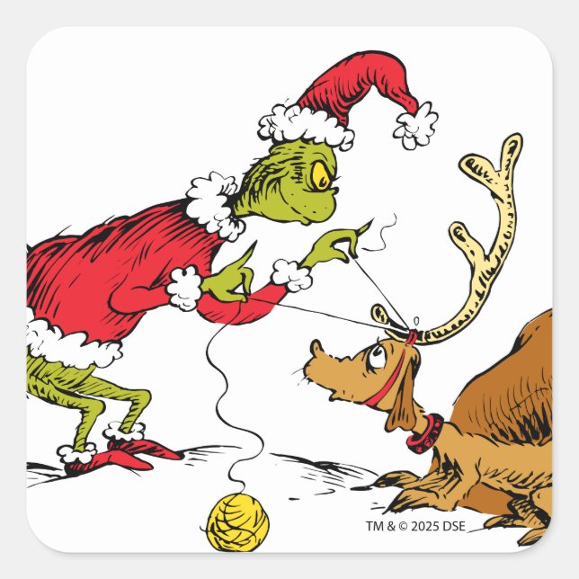 Pegatina Cuadrada Grinch Prepara a Max el Reno (Anverso)