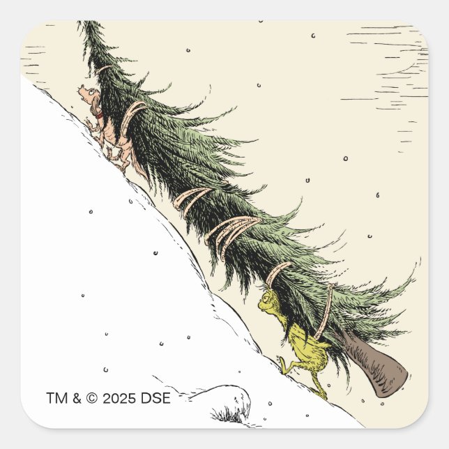 Pegatina Cuadrada Grinch y Max devuelven el árbol de Navidad (Anverso)