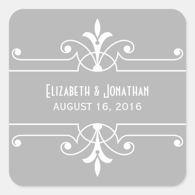Pegatina Cuadrada Gris Fancy Ornamental Wedding Stickers (Anverso)